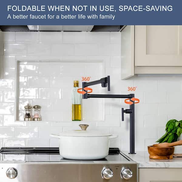 Solid Brass Deck Mount Pot Filler Faucet, Pot Filler with Stretchable Double Joint Swing Arm in Matte Black