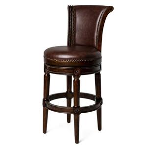 Carved 45" H Low Back Seat Swivel Wood Bar Stool w/Nailhead Trim, Brown