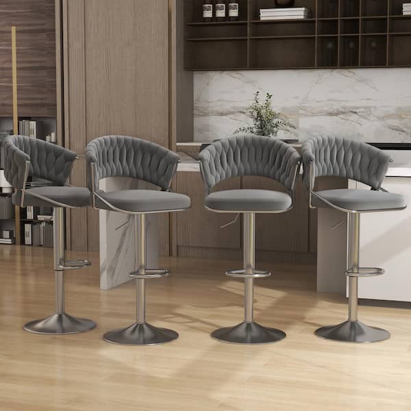 Uixe 43.15 in. Gray Low Back Silver Metal Frame Adjustable Swivel Bar Stool with Velvet Seat (Set of 4)