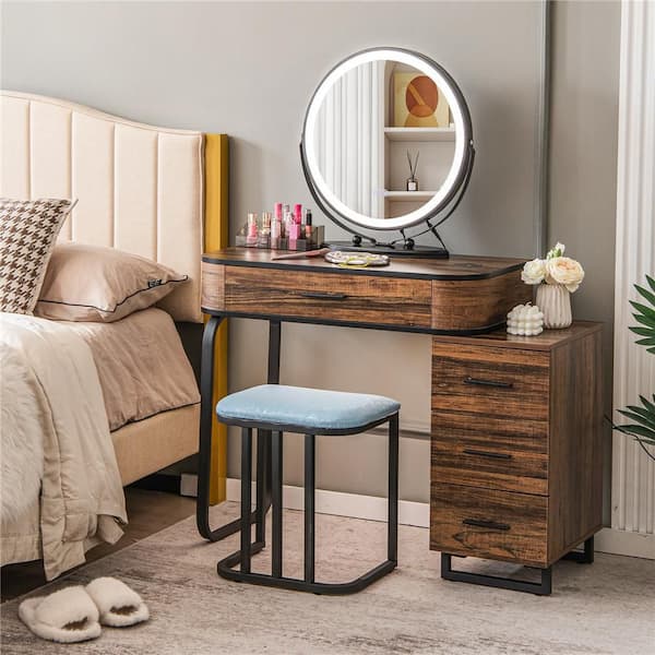 Makeup Vanity Desk with Mirror and Lights, White Vanity Table Set with  Charging Station, LED Cabinet, 5 Drawers & Side Storage Bag, 3 Lighting  Modes