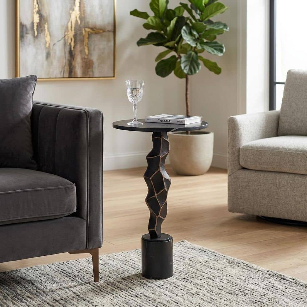 16 in. Black/Gold Round Marble Top Modern Accent End Table with Metal/Marble Base