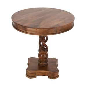 30 in. W Walnut Brown Round Mango Wood Table with Twisted Pedestal Base and Molded Top