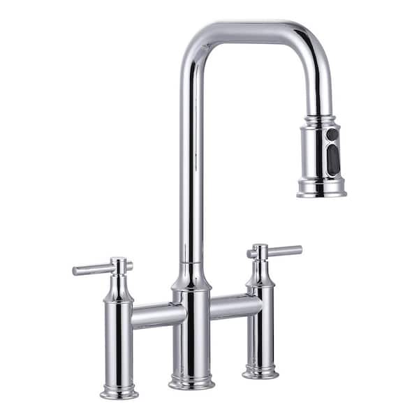 Double Handle Bridge Kitchen Faucet with Pull Down Sprayer in Polished Chrome