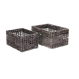 Hand-Woven Water Hyacinth Wicker Rectangular Nesting Baskets in Black (2-Pack)