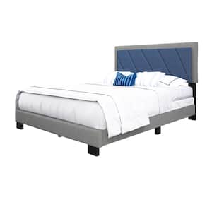 Diagonal Upholstered Linen Platform Bed, Queen, Blue and Gray