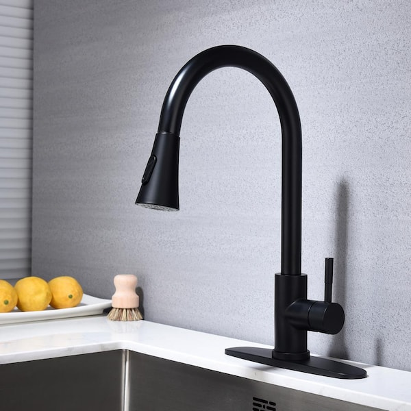 Single Handle Deck Mount Gooseneck Pull Out Sprayer Kitchen Faucet with Deck Plate and Pull-Down Sprayer in Matte Black