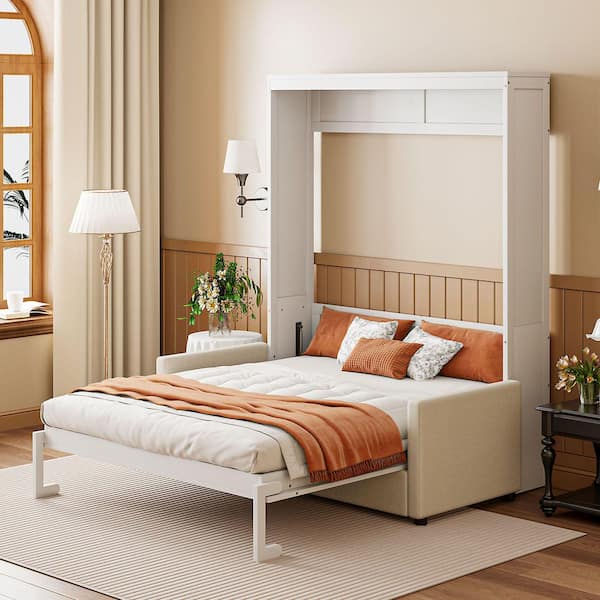 Uriah White Wood Frame Full Size Murphy Bed Wall Bed with Sofa, Cushion