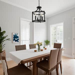 4-Light Black Drum Pendant Light, Convertible Semi Flush Mount Ceilingfor Dining Room,Bedroom, Foyer, Entryway