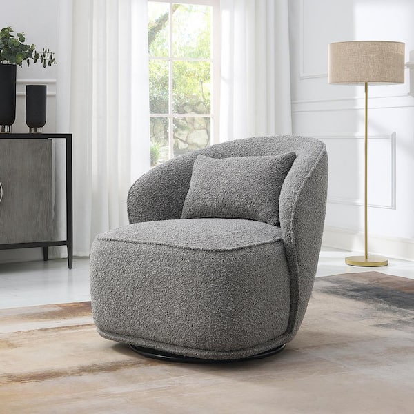 KINWELL Gray Boucle Upholstered 360° Swivel Barrel Accent Chair