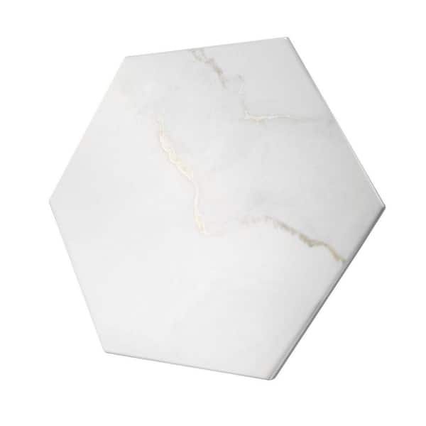 Porlan Tulane White 8-in. x 9-in. Hexagon Marble Look Matte Porcelain Floor and Wall Tile Sample