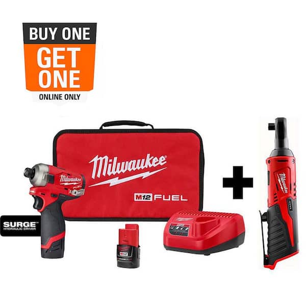 M12 FUEL SURGE 12V Lithium-Ion Brushless Cordless 1/4 in. Hex Impact Driver Compact Kit w/ M12 3/8 in. Ratchet