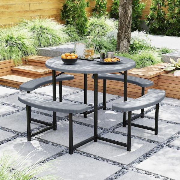 Liviza 62 Gray Round Steel and HDPE Picnic Tables Bench Set