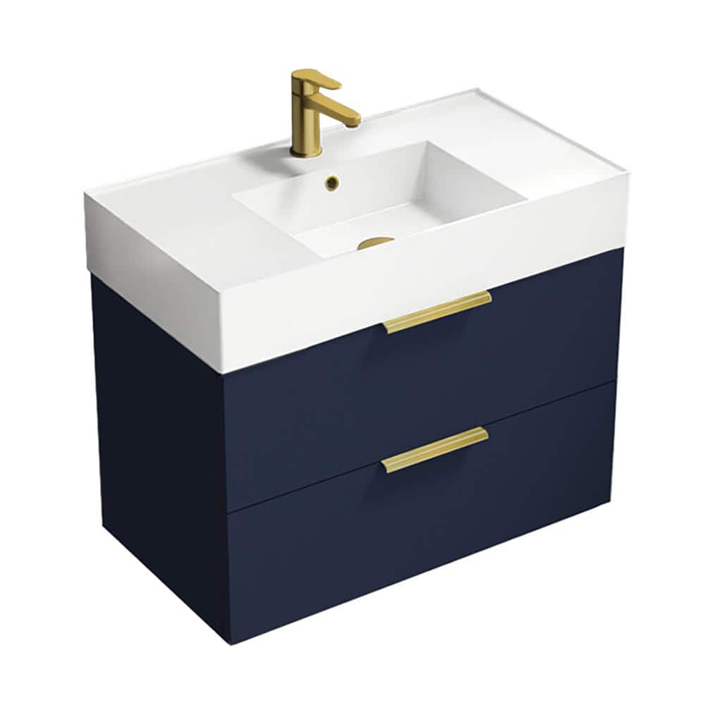 Derin 31.89 in. W x 17.32 in. D x 25.2 in. H Modern Wall Mounted Bathroom Vanity in Night Blue with White Ceramic Top price history on PriceWatchPro