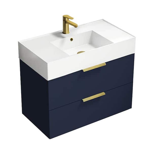 Nameeks Derin 31.89 in. W x 17.32 in. D x 25.2 in. H Modern Wall Mounted Bathroom Vanity in Night Blue with White Ceramic Top