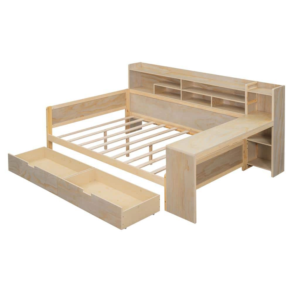 Harper & Bright Designs Natural Multi-Functional Full Size Wood Daybed ...