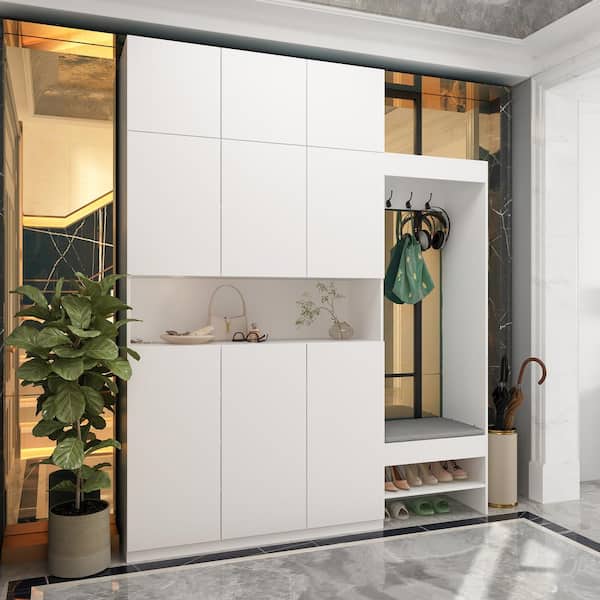 FUFU&GAGA 86.6 in. H White Wood 3-in-1 Freestanding Hall Tree Shoe Storage Cabinet with Bench, 4 Hooks and Adjustable Shelves