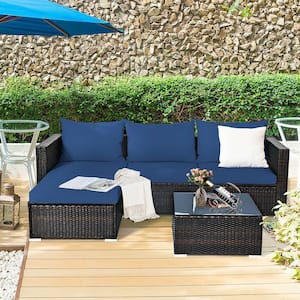 Outdoor 5-Piece Metal Wicker Outdoor Sectional Set with Navy Cushion