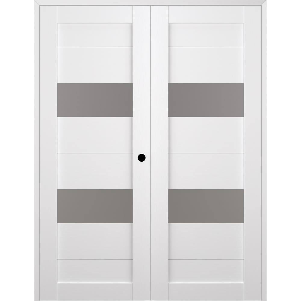 Left-Handed Frosted Glass Pine Wood Composite French Door