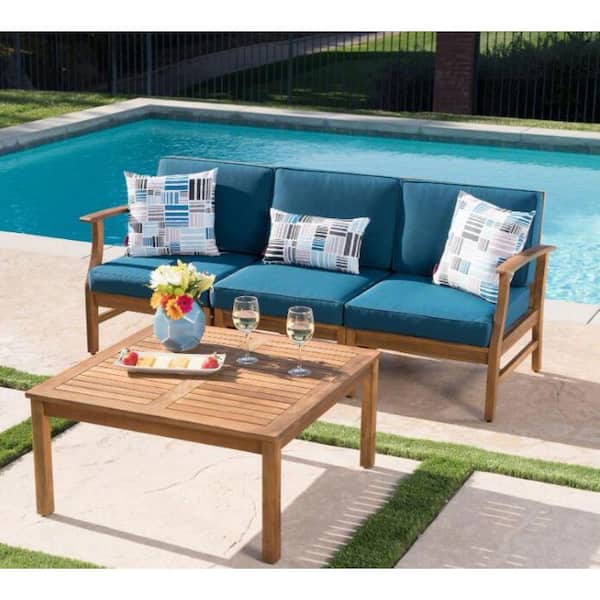 Sudzendf 4-Piece Acacia Wood Outdoor Sectional Seating Seat with Blue Cushions, 3 Seater Sofa and Table Furniture Set, Teak