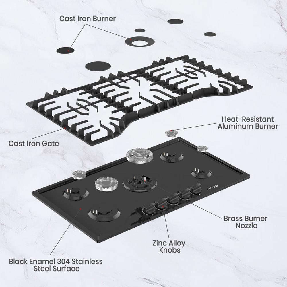 36" Black Enamel 5-Burner Propane and Natural Gas Cooktop