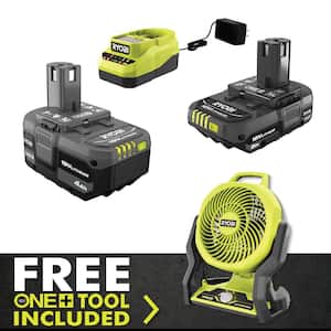 ONE+ 18V Lithium-Ion 4.0 Ah Battery, 2.0 Ah Battery, and Charger Kit with FREE ONE+ Hybrid WHISPER SERIES 7-1/2 in. Fan