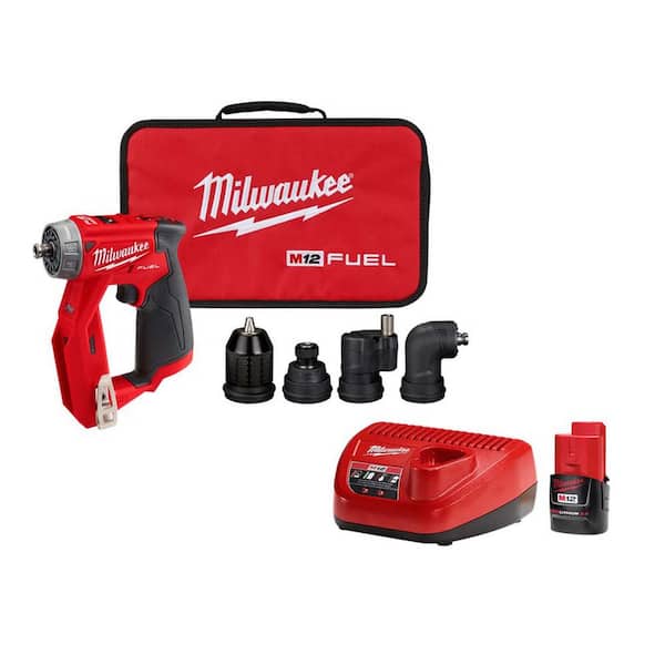 Milwaukee M12 FUEL 12V Lithium-Ion 4-in-1 Installation 3/8 in. Drill Driver w/M12 Battery Pack 2.0Ah and Charger Starter Kit