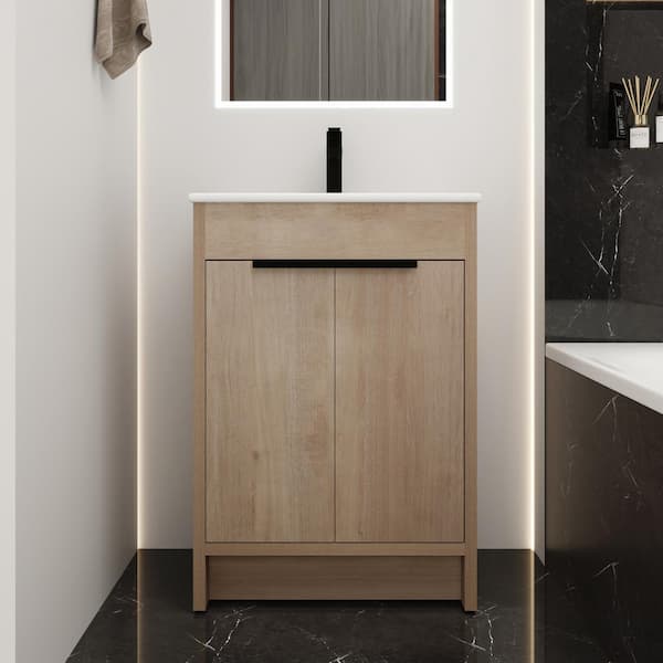 FAMYYT 24 in. W x 18.3 in. D x 34 in. H Single Sink Freestanding Bath Vanity in White with White Ceramic Top and Sink