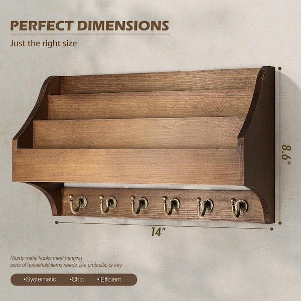 1.18 in. x 8.66 in. Wood Brown Wall Mount Mail Organizer with 6