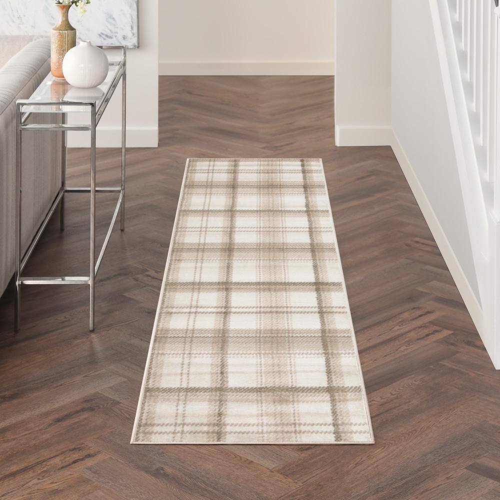 Ivory Beige Plaid Power-Loomed Runner Rug 2'3" x 7'6"