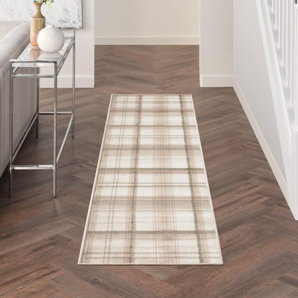 Grafix Ivory Beige 2 ft. x 8 ft. Plaid Contemporary Runner Area Rug