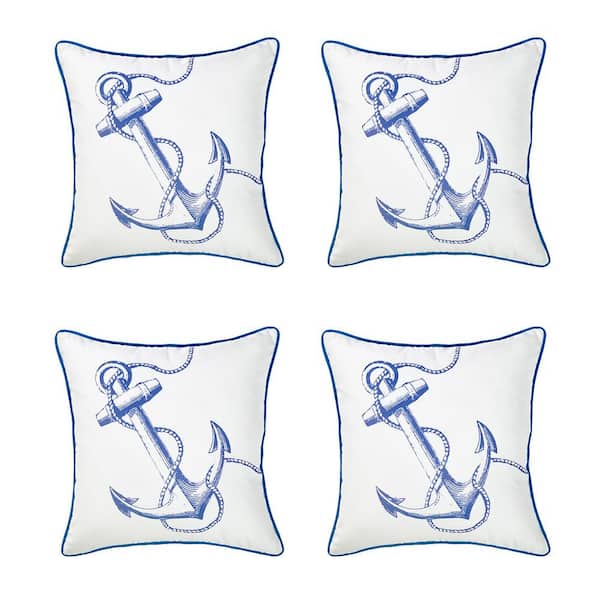 MIKE & Co. NEW YORK Nautical Coastal Anchor Decorative Set of 4-Throw Pillow Covers 18 in. x 18 in. Square White and Blue