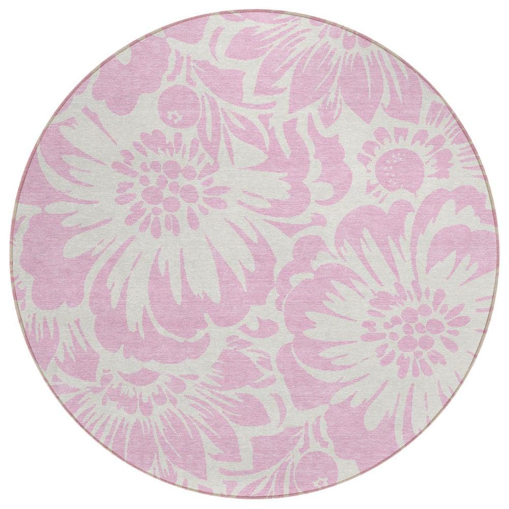 Pink and Ivory 8 ft. Round Woven Floral Round Indoor/Outdoor Area Rug price history on PriceWatchPro