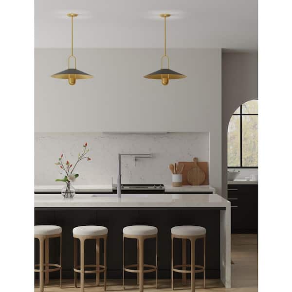 Goldenridge 35-Watt 1-Light Legacy Brass and Matte Black 20 in. Pendant Light with a ReflectiveMetal Shade Bulb Included