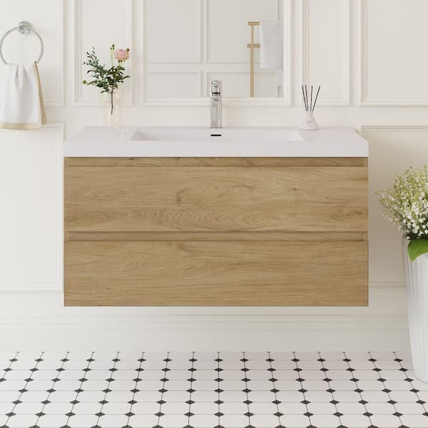 Abruzzo 42 in. W x 19-3/4 in. D x 22-1/5 in. H Bathroom Wall Hung Vanity in White with Single Basin Vanity Top in White Resin