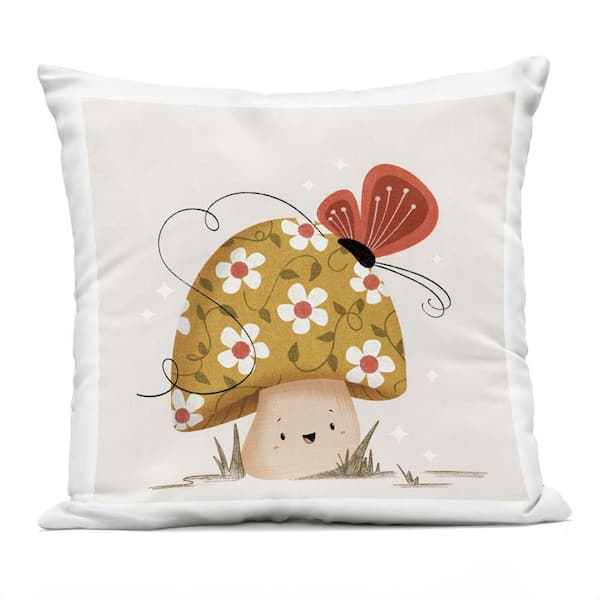 Happy Mushroom and Butterfly Yellow Square Outdoor Throw Pillow