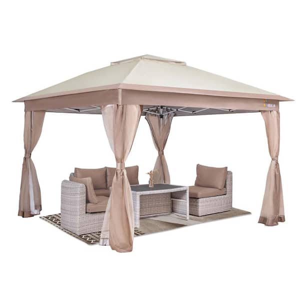 Unbranded 12 ft. x 12 ft. Brown Pop Up Gazebo with Mosquito and Netting Carry Bag for Lawn Garden Backyard Market