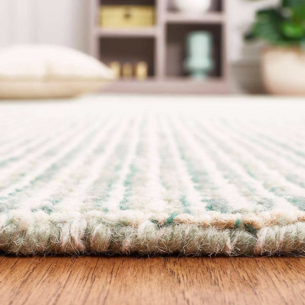 Ivory and Green Abstract Hand-Tufted Wool Square Rug, 4' x 4'