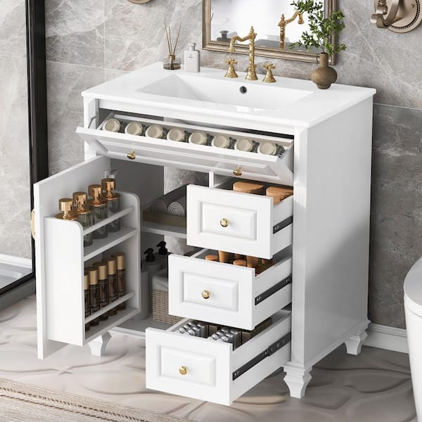 30 in. Single Sink Freestanding White Bath Vanity with White Ceramic Top - Flip-Out Drawer, Soft-Close
