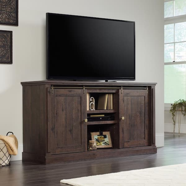 SAUDER New Grange 65 in. Coffee Oak Particle Board TV Stand Fits TVs Up to 70 in. with Storage Doors