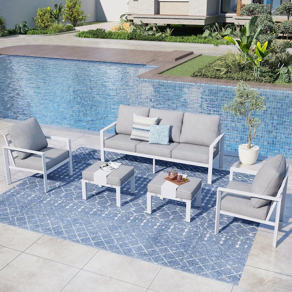 PHI VILLA White 5-Piece Aluminum Outdoor Patio Conversation Sectional Seating Set with Ottoman and Light Gray Cushions