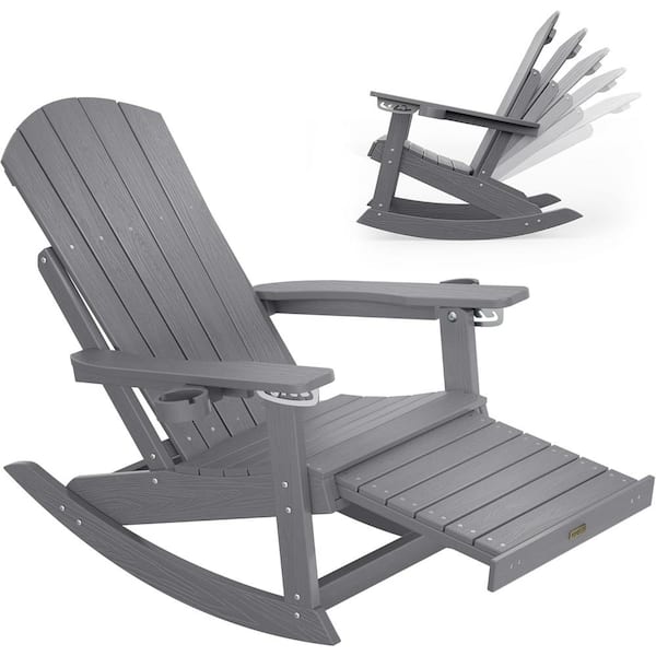 Gray Plastic Adirondack Outdoor Rocking Chair with Retractable Ottoman and Cup Holders