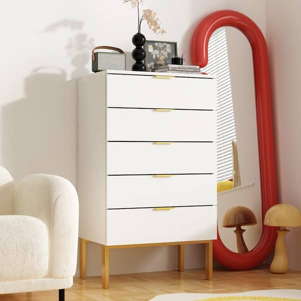 FUFU&GAGA 5-Drawer White Wood Chest of Drawer Dresser Storage Cabinet Organizer W/Metal Leg 41.1 in. H x 23.6 in. W x 15.7 in. D