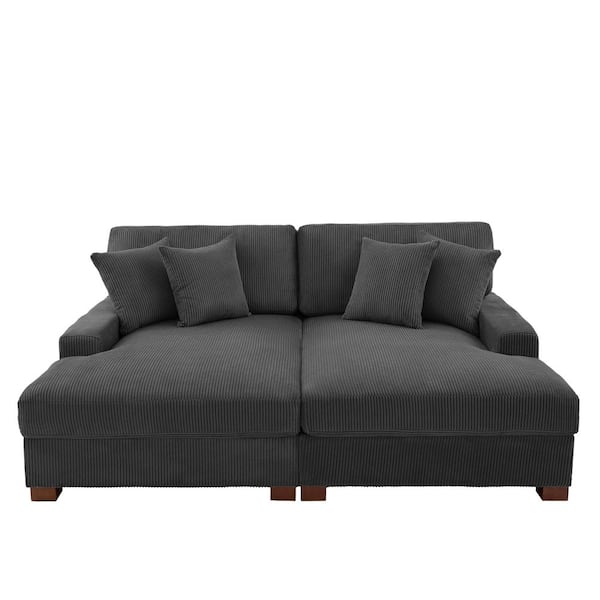 83 in. Square Arm Gray Corduroy Fabric Upholstered Sectional Sofa With Four Pillows And Wood Leg