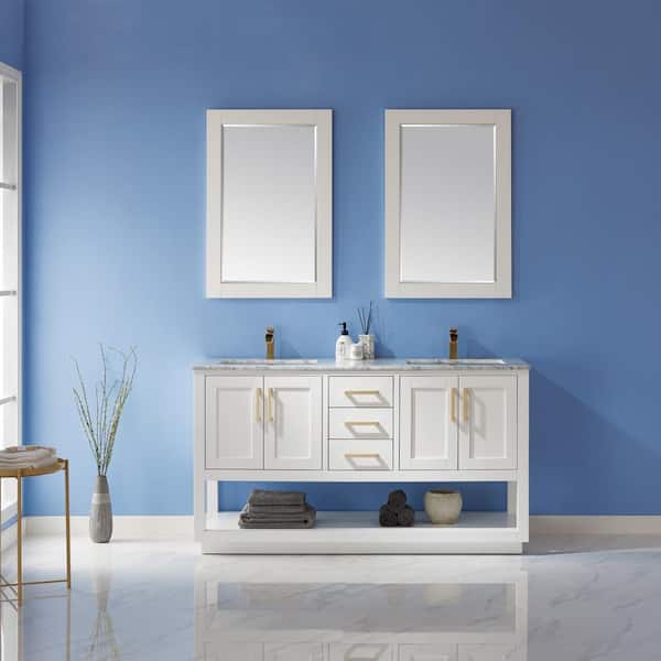 Remi 60 in. Double Bathroom Vanity Set in White and Carrara White Marble Countertop with Mirror
