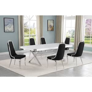 Miguel 7-Piece Rectangle White Wood Top Silver Stainless Steel Dining Set with 6 Black Chairs