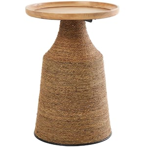 17 in. Brown Handmade Wrapped Large Round Wood End Table with Wood Tabletop
