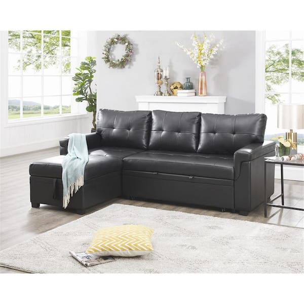 HOMESTOCK 84.64 in. Black Tufted Faux Leather Twin Size 3-Seat