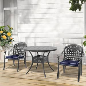 Isabella Black 3-Piece Cast Aluminum Outdoor Dining Set with Round Table and Dining Chairs and Random Color Seat Cushion