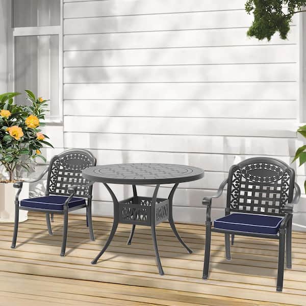 Willit Isabella Black 3-Piece Cast Aluminum Outdoor Dining Set with Round Table and Dining Chairs and Random Color Seat Cushion