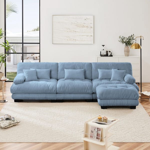 Ronald 133.8 in. Chenille Upholstered L Shaped Sectional Sofa in. Blue with Ottoman, 2 Lumbar Pillows, 2 Throw Pillows